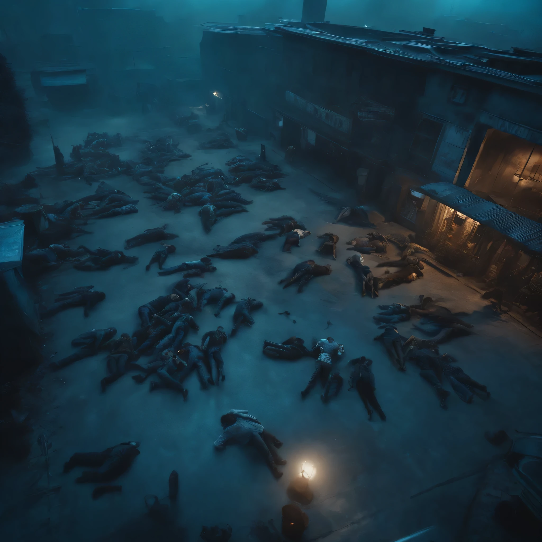 bird view of zombies lying on the floor, 4k realistic imagery, blue scenery like a movie scene, old american setting, inspired by blade runner movie scene, blue tone,