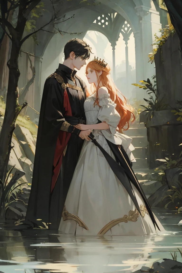 Ninja couple, king and queen, gothic crown and tiaras, side by side, Grey and black, dark romance, raw concept art, masterpiece illustration, In the painting ‘Hylas and the Nymphs’, the man is Hylas and the woman is the nymphs., women are taller