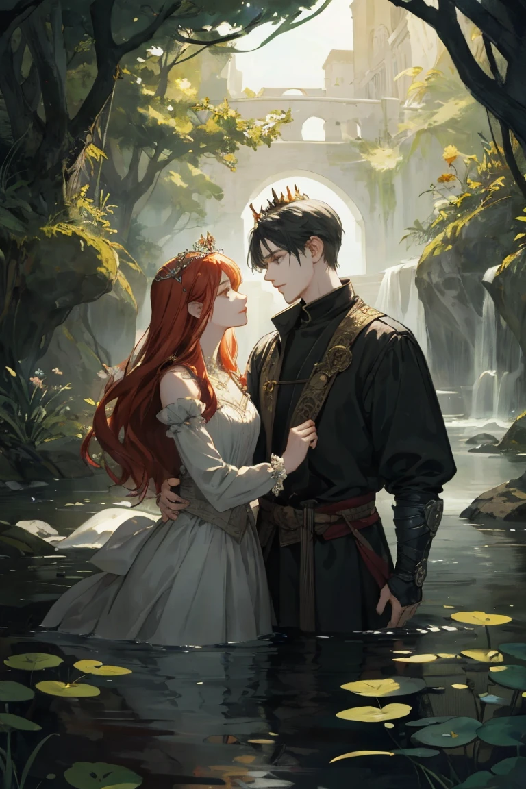 Ninja couple, king and queen, gothic crown and tiaras, side by side, Grey and black, dark romance, raw concept art, masterpiece illustration, In the painting ‘Hylas and the Nymphs’, the man is Hylas and the woman is the nymphs., women are taller