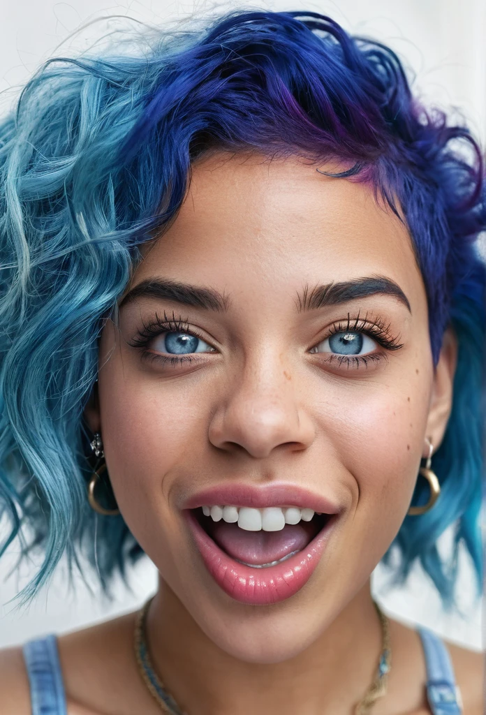 Smiling beautiful biracial woman with blue hair and light blue eyes,  tongue out, grimace, make a face, extremely detailed facial features, beautiful detailed eyes, beautiful detailed lips, selfie portrait, photorealistic, ultra-detailed, 8k, highres, masterpiece, vivid colors, natural lighting, intricate details