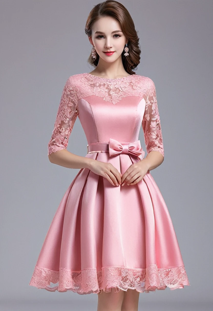 Please design an attractive woman' party dress considering the following parameters:
1. Color: Red, Pink, Blue
2. Length: Short, Midi, Long
3. Fabric: Satin, Silk, Tulle
4. Details: Lace, Bow, Belt
5. Occasion: Wedding, Party, Birthday
The design should be appealing, modern, and suitable for young girls.