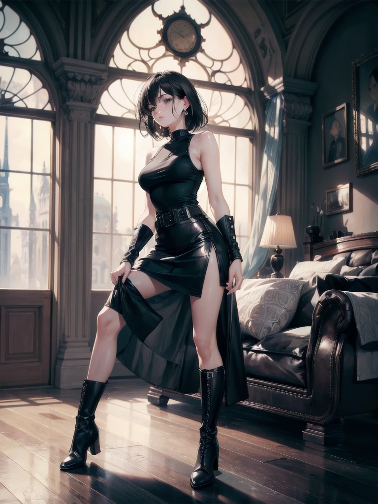 absurdres, RAW photo, extremely delicate and beautiful, masterpiece, Best Quality, ultra high resolution, 32k, hyperrealistic, ultra-detailed, delicate facial features, beautiful detailed woman, tearful mole, earring, medium breasts, full body shot, medium hair, black hair, t-shirt, (leather skirt), sleeveless, boots,
