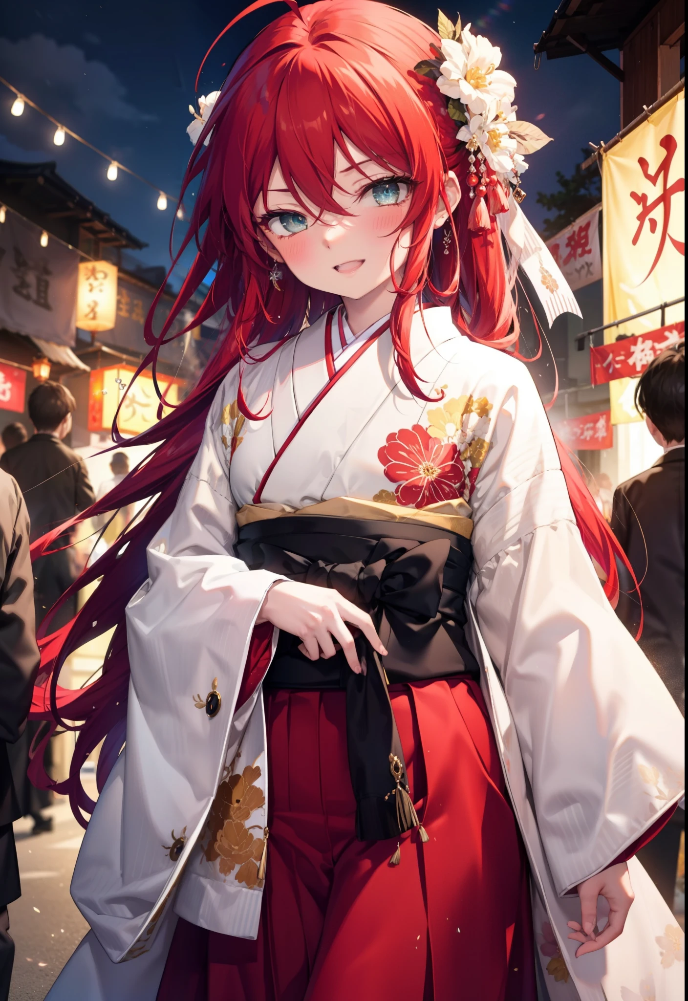 Shana,灼眼のShana,Long Hair, Red Hair,Red hair,Red eyes,Red eyes,Ahoge,smile,blush,Open your mouth,hair tied back,blush,Red Kimono,Thick sleeves,Red long skirt,日本のfestival,夏festivalの屋台,Red lantern,night,So that the whole body goes into the illustration,Walking, break looking at viewer, Upper Body (Cowboy Shot:1. 5), break outdoors, shrine,festival, break (masterpiece:1.2), Highest quality, High resolution, unity 8k wallpaper, (shape:0.8), (Beautiful and beautiful eyes:1.6), Highly detailed face, Perfect lighting, Highly detailed CG, (Perfect hands, Perfect Anatomy),