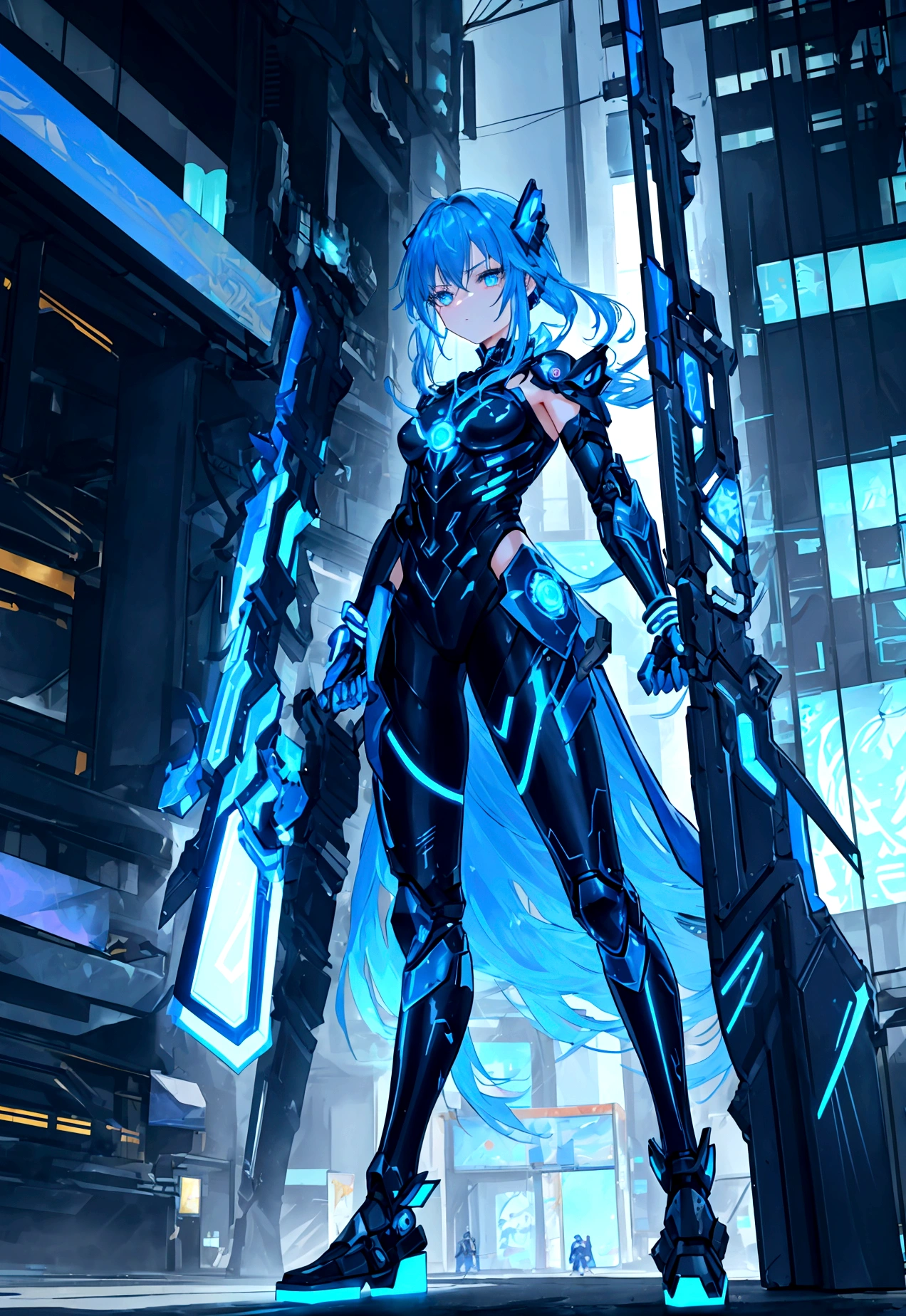 Aiko is a 16-year-old warrior in a cyberpunk world full of magic and technology. She has cyber-blue hair, long and slightly wavy, with strands that look like optical fibers. His eyes are an intense and bright blue, reflecting your connection to magic. The skin is clear with a slight magical luminescence. Clothing and Equipment: Lightweight, futuristic armor that amplifies your magical powers, made of metallic material with blue and white neon details. Includes shoulder protectors, 가슴, Arms and legs. Technological gloves with light circuits and a bracelet that projects holograms. Energy sword with sparkling blue blade and technological details, as well as small gadgets attached to the waist. Tall, robust boots with soles that allow for greater traction, decorated with neon lights. Expression and Pose: Determined and courageous expression, with a touch of vulnerability in the eyes. combat pose, with sword drawn and prepared to attack. scenario: cyberpunk environment, with bright skyscrapers in the background, neon and holograms illuminating the scene. Mix of ancient ruins with modern technology around it. Magic visual effects, like sparks of blue energy or floating magical symbols.