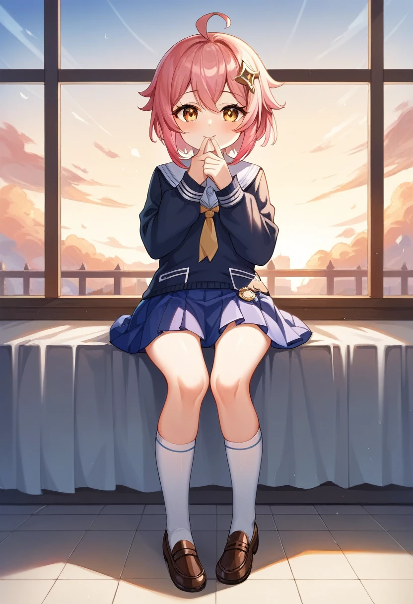 Genshin Impact, masterpiece, best quality, masterpiece,best quality,official art,extremely detailed CG unity 8k wallpaper, sky, game_cg, , loliort hair, pink hair, gradient hair, ahoge, light blush, gradient_eyes, , seifuku, kneehighs, uwabaki, hand_to_mouth,