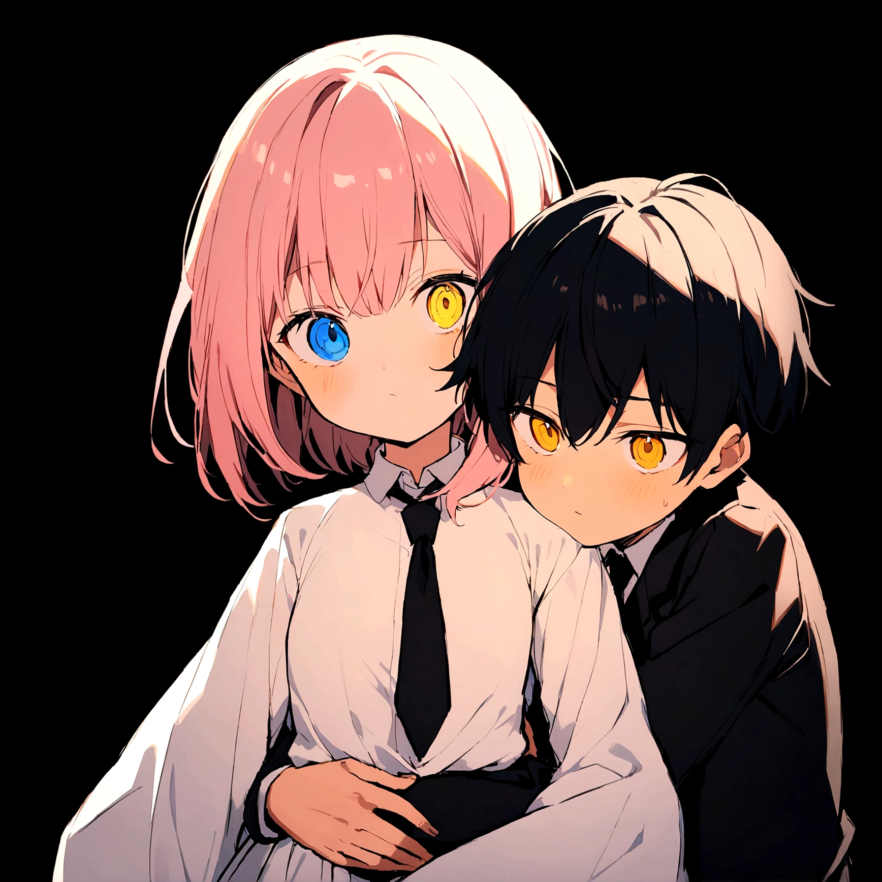 1 14 year old boy with short black hair, yellow, half-orange eyes,(detailded), white outfit with a black tie and dark circles, hugging a woman&#39;s waist,she has long light pink hair, blue eyes and also wears a white blouse with a black tie, flat breasts, black backdrop