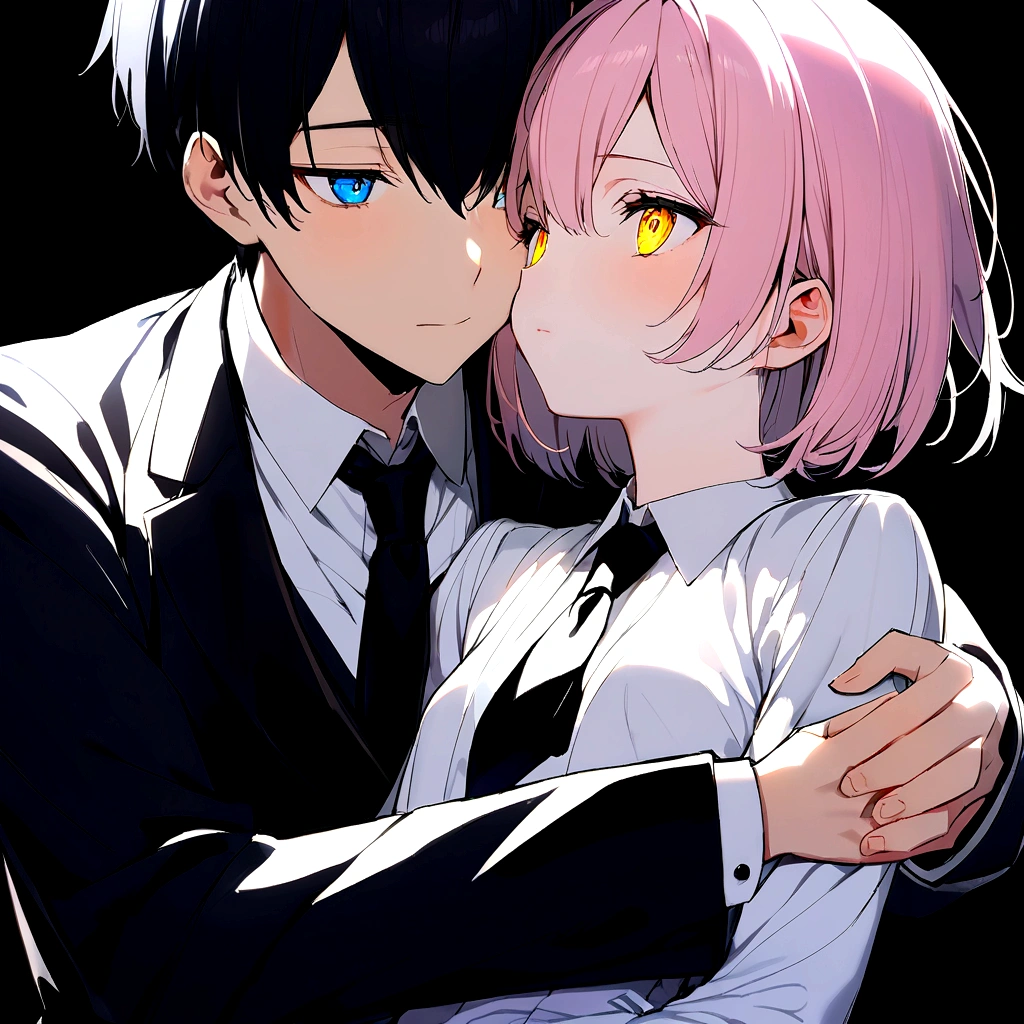 1 14 year old boy with short black hair, yellow, half-orange eyes,(detailded), white outfit with a black tie and dark circles, hugging a woman's waist,she has long light pink hair, blue eyes and also wears a white blouse with a black tie, flat breasts, black backdrop