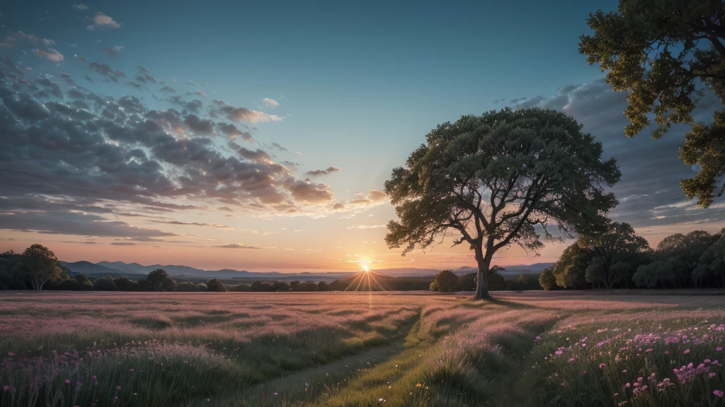 In the soft glow of dawn, the horizon blushed with hues of pink and gold, casting a gentle light over a serene meadow. Dew-kissed wildflowers, their petals shimmering like precious gems, swayed gently in the cool morning breeze. A crystal-clear brook meandered through the meadow, its water sparkling as it caught the first rays of sunlight. Birds, with feathers of iridescent blues and greens, sang harmoniously from their perches in the ancient oaks that bordered the field. Above, the sky was a masterpiece of pastels, a canvas painted by nature's hand, promising the start of a beautiful day. Photorealistic