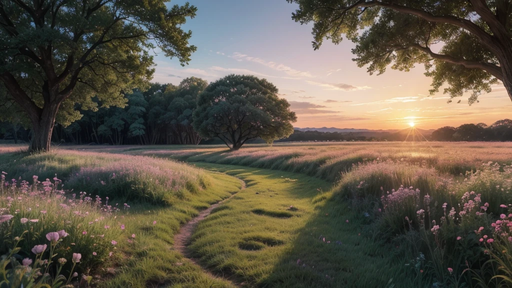 In the soft glow of dawn, the horizon blushed with hues of pink and gold, casting a gentle light over a serene meadow. Dew-kissed wildflowers, their petals shimmering like precious gems, swayed gently in the cool morning breeze. A crystal-clear brook meandered through the meadow, its water sparkling as it caught the first rays of sunlight. Birds, with feathers of iridescent blues and greens, sang harmoniously from their perches in the ancient oaks that bordered the field. Above, the sky was a masterpiece of pastels, a canvas painted by nature's hand, promising the start of a beautiful day. Photorealistic