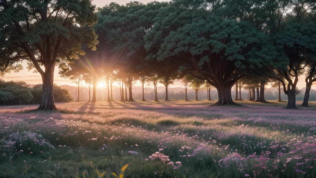 In the soft glow of dawn, the horizon blushed with hues of pink and gold, casting a gentle light over a serene meadow. Dew-kissed wildflowers, their petals shimmering like precious gems, swayed gently in the cool morning breeze. A crystal-clear brook meandered through the meadow, its water sparkling as it caught the first rays of sunlight. Birds, with feathers of iridescent blues and greens, sang harmoniously from their perches in the ancient oaks that bordered the field. Above, the sky was a masterpiece of pastels, a canvas painted by nature's hand, promising the start of a beautiful day. Photorealistic