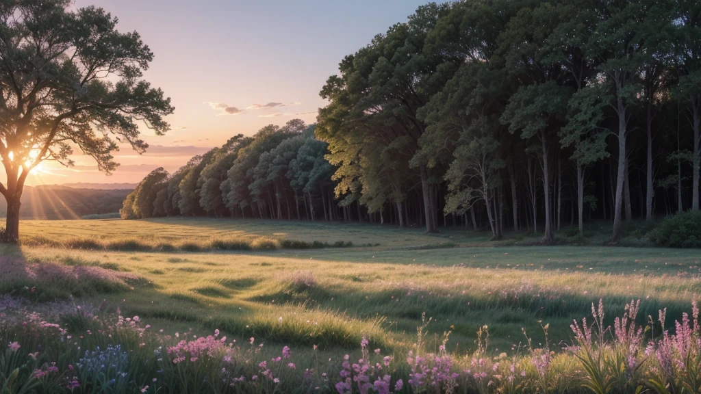 In the soft glow of dawn, the horizon blushed with hues of pink and gold, casting a gentle light over a serene meadow. Dew-kissed wildflowers, their petals shimmering like precious gems, swayed gently in the cool morning breeze. A crystal-clear brook meandered through the meadow, its water sparkling as it caught the first rays of sunlight. Birds, with feathers of iridescent blues and greens, sang harmoniously from their perches in the ancient oaks that bordered the field. Above, the sky was a masterpiece of pastels, a canvas painted by nature's hand, promising the start of a beautiful day. Photorealistic
