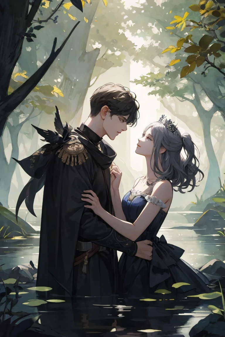 Ninja couple, king and queen, gothic crown and tiaras, side by side, Grey and black, dark romance, raw concept art, masterpiece illustration, In the painting ‘Hylas and the Nymphs’, the man is Hylas and the woman is the nymphs., women are taller, Change their genders