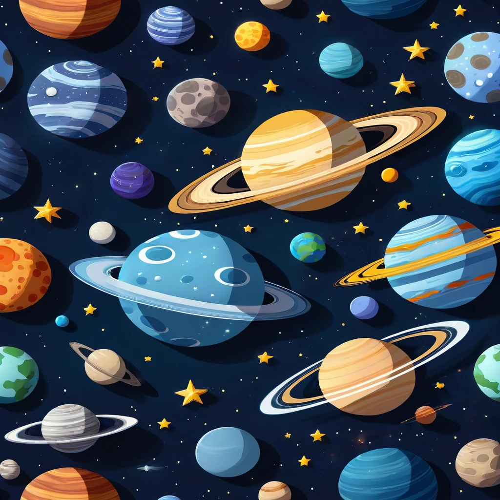 a close up of a bunch of planets with stars on a dark background, planets and galaxies,