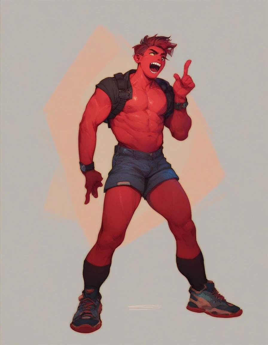 starved, solo, simple background, 1boy, standing, full body, male focus, teeth, no humans, colored skin, pointing, legs apart, red skin, open mouth