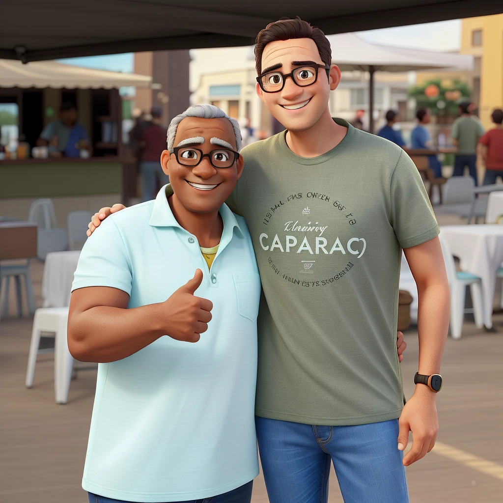 The image shows two smiling men posing together, with an outdoor event background. they are standing, next to each other, under an awning.
Character details:
1. man on the left:
- Age: Middle Age - Hair: Short and brown - Skin: Clara - Glasses: With square dark frames - Clothing: Light green polo shirt - Expressão: Warm smile - Poses: giving a "like" with the right hand 2. Man on the Right:
- Age: Young Adult - Hair: Short and dark brown - Skin: Clara - Glasses: With round dark frames - Clothing: Olive green T-shirt with print "Caparaó Region" and light blue jeans - Expresso: Cheerful smile - Pose: Left arm around older man's shoulder Pixar Style:
- Characters with soft and expressive features, with big eyes and exaggerated features to give a lively and charming touch.
- Vibrant colors and soft lighting that convey a warm and happy atmosphere.