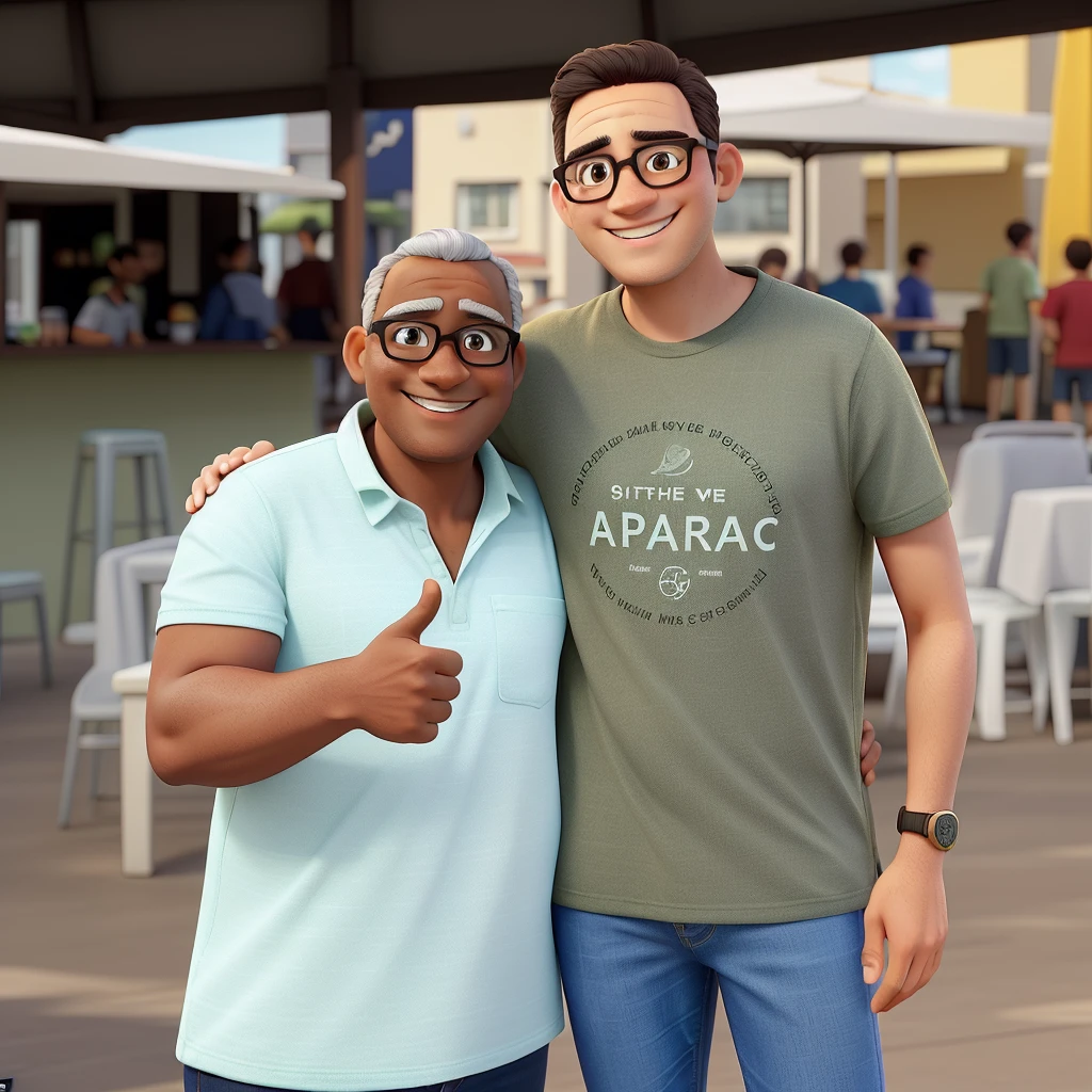 The image shows two smiling men posing together, with an outdoor event background. they are standing, next to each other, under an awning. 

Character details:

1. man on the left:
   - Age: Middle Age - Hair: Short and brown - Skin: Clara - Glasses: With square dark frames - Clothing: Light green polo shirt - Expressão: Warm smile - Poses: giving a "like" with the right hand 2. Man on the Right:
   - Age: Young Adult - Hair: Short and dark brown - Skin: Clara - Glasses: With round dark frames - Clothing: Olive green T-shirt with print "Caparaó Region" and light blue jeans - Expresso: Cheerful smile - Pose: Left arm around older man&#39;s shoulder Pixar Style:
   - Characters with soft and expressive features, with big eyes and exaggerated features to give a lively and charming touch.
   - Vibrant colors and soft lighting that convey a warm and happy atmosphere.
