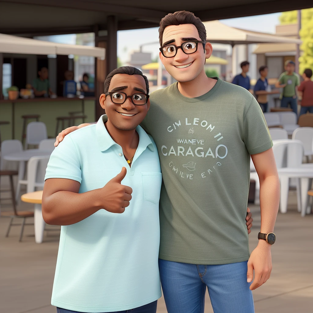 The image shows two smiling men posing together, with an outdoor event background. they are standing, next to each other, under an awning.
Character details:
1. man on the left:
- Age: Middle Age - Hair: Short and brown - Skin: Clara - Glasses: With square dark frames - Clothing: Light green polo shirt - Expressão: Warm smile - Poses: giving a "like" with the right hand 2. Man on the Right:
- Age: Young Adult - Hair: Short and dark brown - Skin: Clara - Glasses: With round dark frames - Clothing: Olive green T-shirt with print "Caparaó Region" and light blue jeans - Expresso: Cheerful smile - Pose: Left arm around older man's shoulder Pixar Style:
- Characters with soft and expressive features, with big eyes and exaggerated features to give a lively and charming touch.
- Vibrant colors and soft lighting that convey a warm and happy atmosphere.