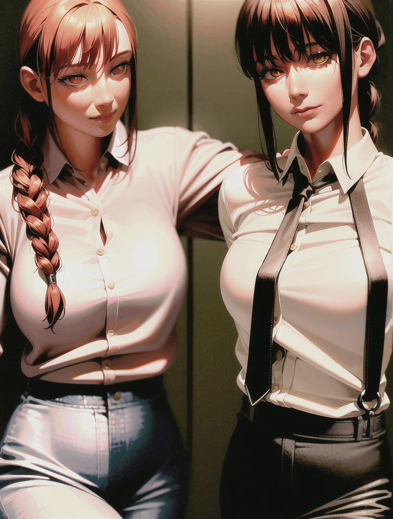Fine, shiny skin, (Realistic, photo-Realistic:1.4), Pretty girl, Are standing, Looking out the window, White shirt, Collared shirt, Black tie, Black trousers, Long sleeve, smile (Red nose), Yellow Eyes + The eyes are round, short hair + Redhead + Long braided hair, hand \(Chainsaw Man\)