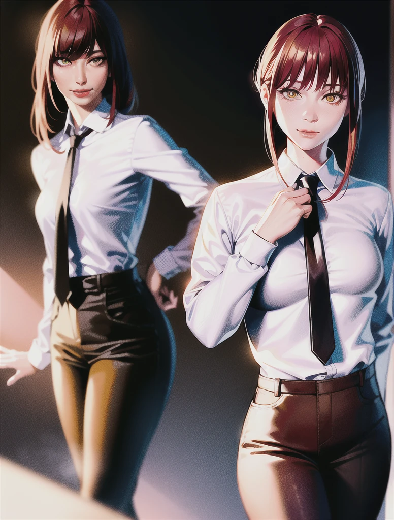 Fine, shiny skin, (Realistic, photo-Realistic:1.4), Pretty girl, Are standing, Looking out the window, White shirt, Collared shirt, Black tie, Black trousers, Long sleeve, smile (Red nose), Yellow Eyes + The eyes are round, short hair + Redhead + Long braided hair, hand \(Chainsaw Man\) 