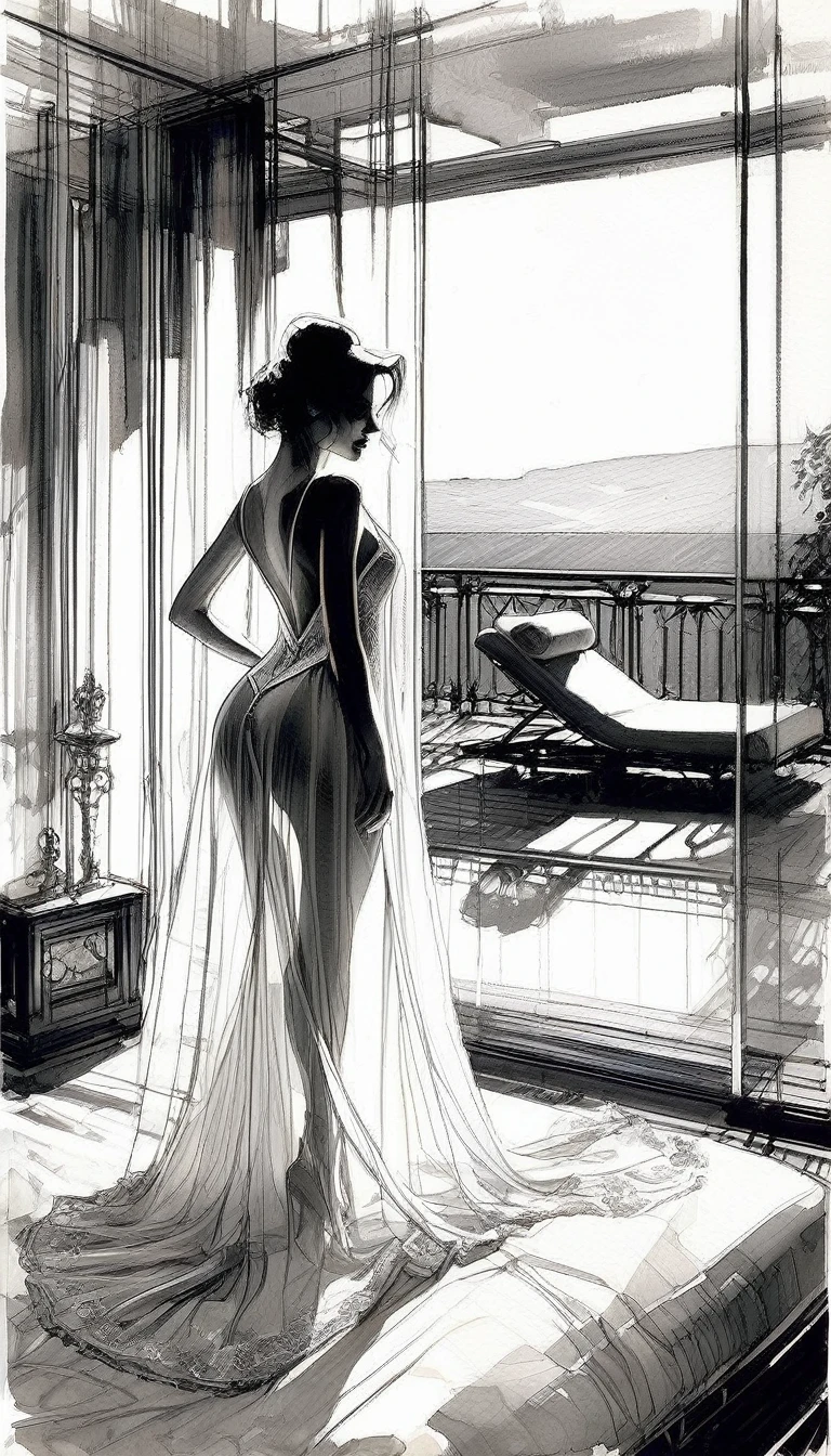 sm, sexy, tsparent nightgown, luxurious room, luxurious bed, open terrace with views of the landscape, tmari, sketch, traditional media, pen drawing, white background (art inspired by Bill Sienkiewicz). oil painting)