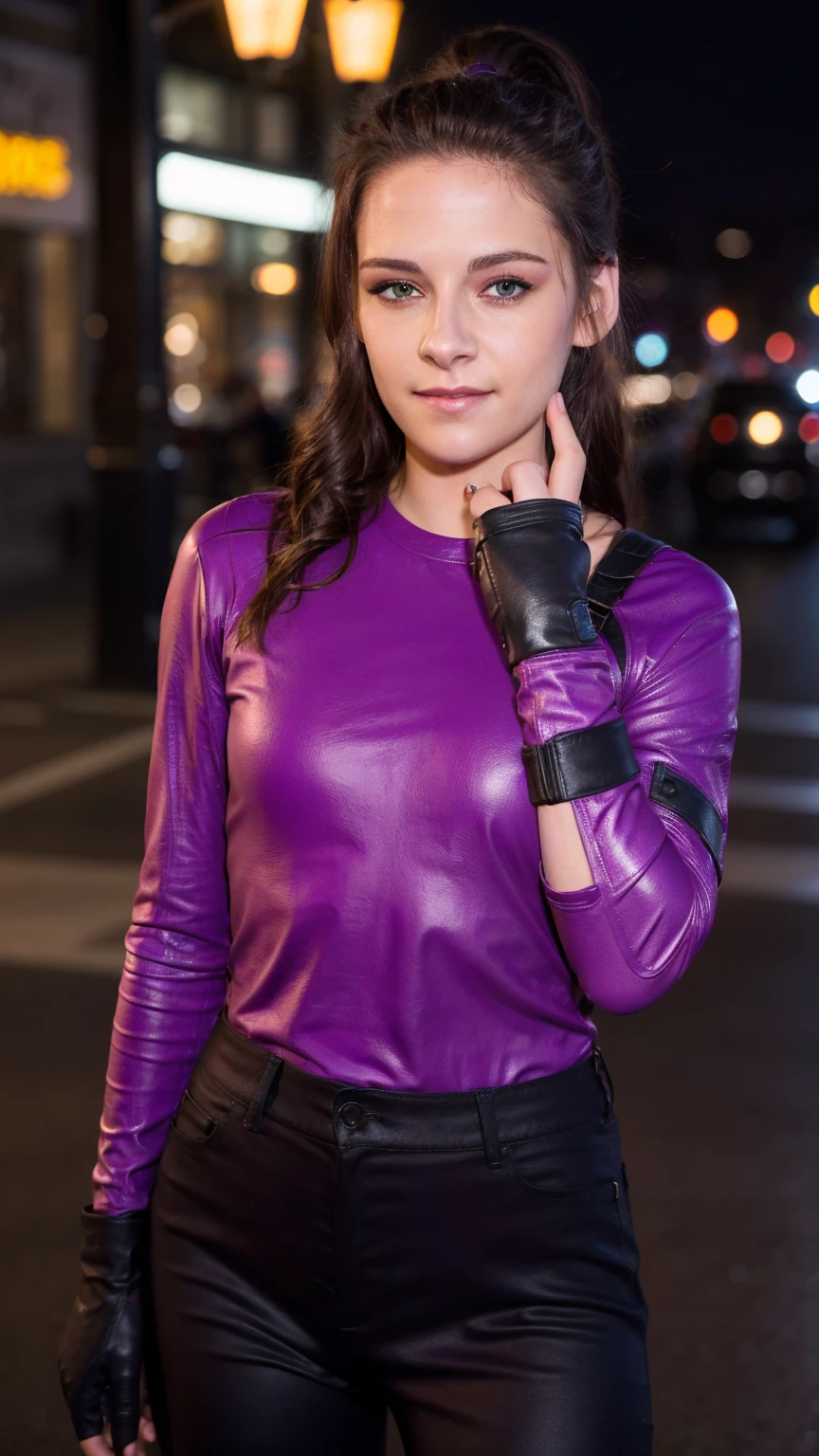 (masterpiece), (photorealistic1.4), (epiCRealLife), (KateBishopFNLoRA), (gloves), (Kate Bishop Purple Costume),, (epiCFlashPhoto), (medium height), (medium figure), (night time), (ponytail), (Kristen Stewart smile), (young woman), (on the street), (close up), (flashphoto), (flash photography), (make up), (laugh), (at night), (cowboy shots), (kst3w-v2)