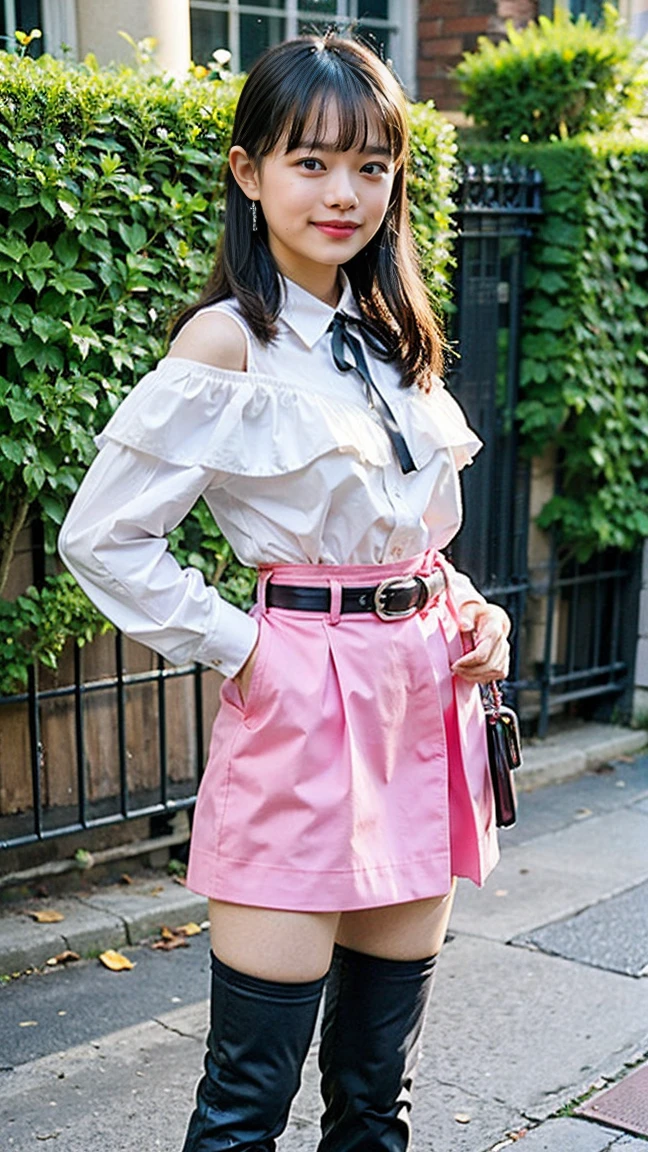 (8K、RAW Photos、Highest quality、masterpiece:1.2)、(Realistic、Realistic)、1 Girl、((mini skirt、Black and Pink、Thin legs、whole body、boots、Clothes with ribbons、Anime Costumes、Chest ribbon、Off the shoulder、See-through、Frills、garden、smile、View from the front、Ribbon on chest、Looking into the camera、belt、Stand with hands on hips))、pussy