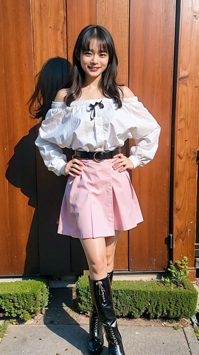 (8K、RAW Photos、Highest quality、masterpiece:1.2)、(Realistic、Realistic)、1 Girl、((mini skirt、Black and Pink、Thin legs、whole body、boots、Clothes with ribbons、Anime Costumes、Chest ribbon、Off the shoulder、See-through、Frills、garden、smile、View from the front、Ribbon on chest、Looking into the camera、belt、Stand with hands on hips))、pussy