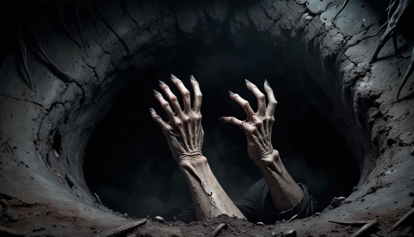 Highest quality,4K,8K,High resolution,masterpiece:dark,Horror,Spooky,scared,Spooky elements,Spooky,scared,A giant hand crawled out of the hole