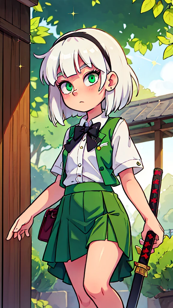 a teenage girl, temple guard, long white albino hair, her glitter green eye, she wears a white button-down blouse, underneath a short green button-down vest, a dark green maxi skirt with a black heel, carries a transparent katana.