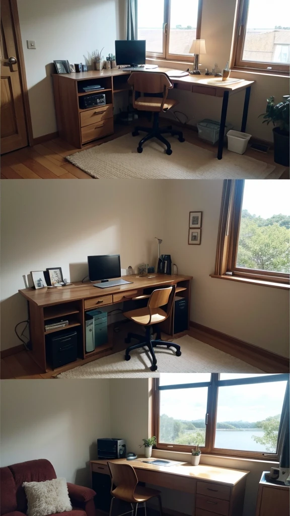 A collage of photos of natural environments (livingroom, DESK) with warm lighting.