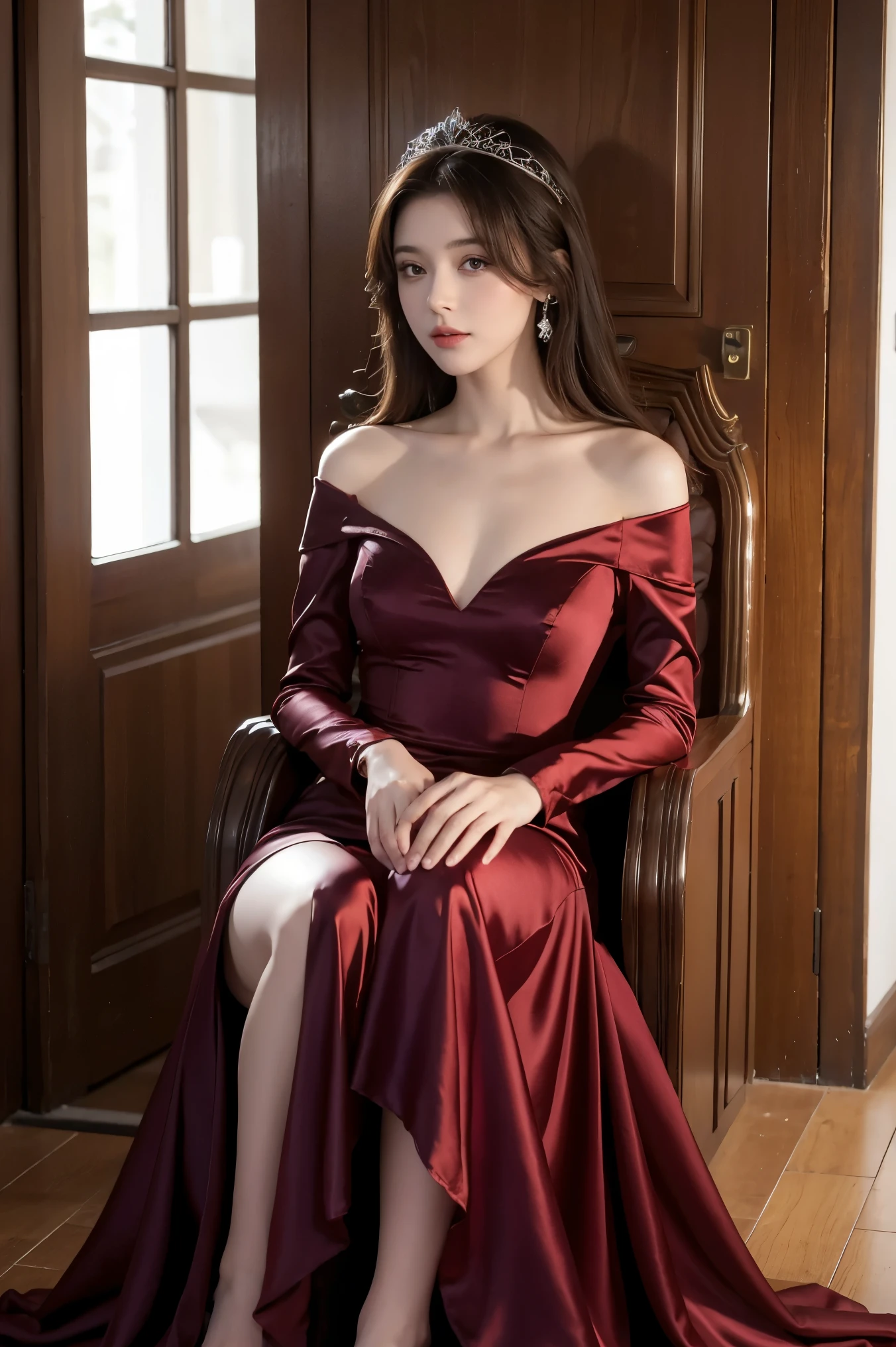 une jeune femme réaliste, très détaillée, brune claire aux cheveux longs, yeux marrons. Elle porte une robe de princesse rouge en satin. Elle porte aussi des longs gants en satin noirs ainsi qu'un ruban noir en satin autour de son cou. Elle est sur un throne, seule, avec un regard supérieur