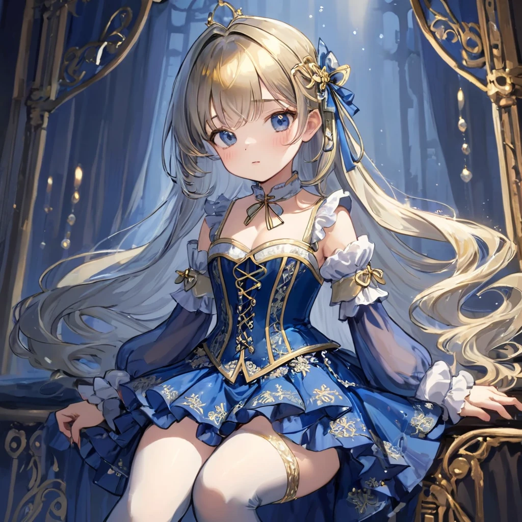 8 year old medieval girl, １people々、In underwear、Gold and silver thread embroidery、Translucent underwear that reaches below the knee（Bloomers）wear、wear a semi-transparent corset、Translucent slip, Translucent light navy blue tights、sleep