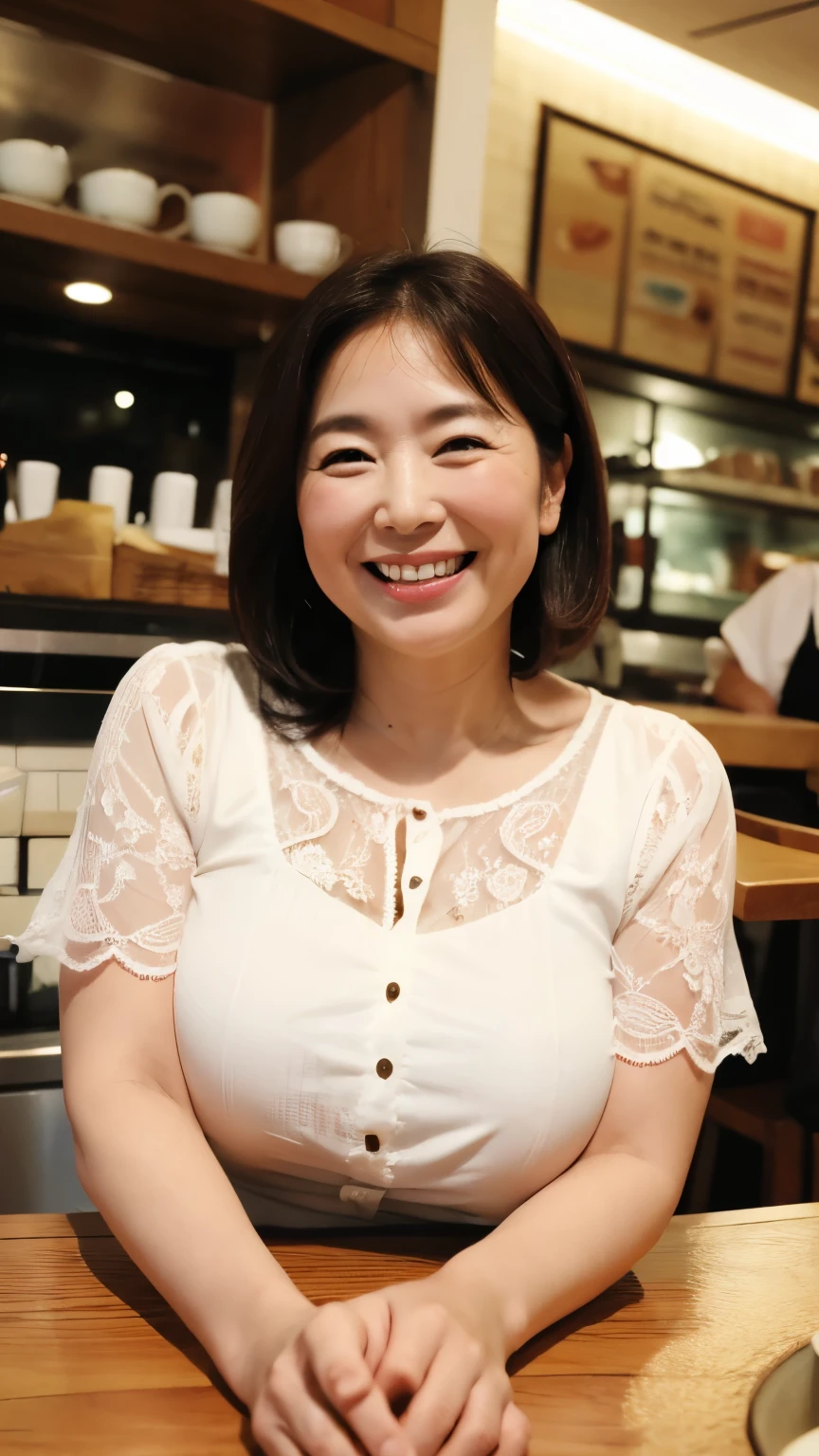 8k wallpaper, masterpiece, Highest quality, Super detailed, One Mature Woman, 50 years old, Become very clear, Wearing a short-sleeved blouse, Skin dents, Captivating smile, Looking at the audience, , plump, Curvaceous, Fascinating face, Smiling with teeth showing, Wrinkles around the eyes, Sit at a coffee shop, Background Blur