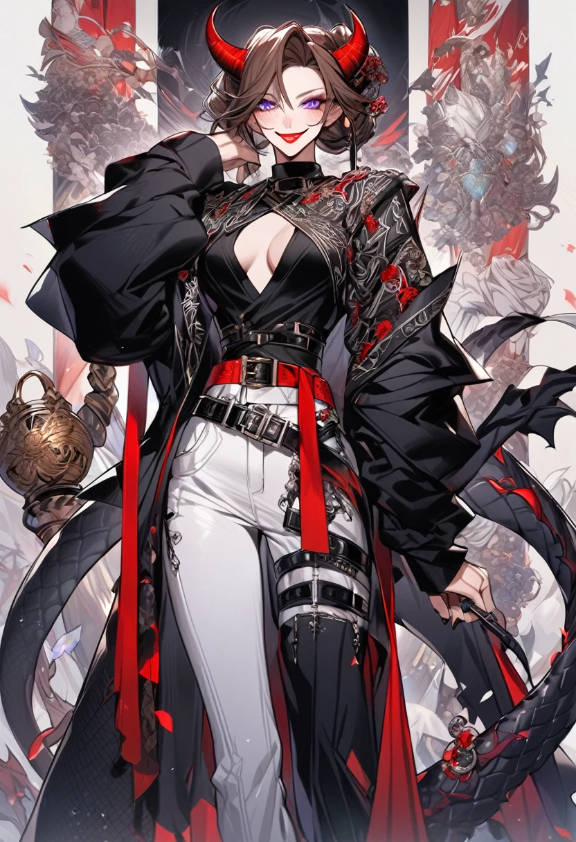 Tall woman, cheeky mad smile, brunette, hair gathered in a low bun, red and black clothes with open chest, purple eyes, dragon tail and horns, belts, pants, many details, light lipstick