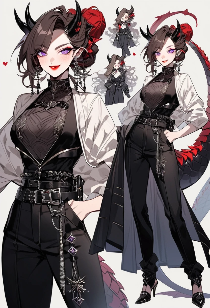 Tall woman, cheeky mad smile, brunette, hair gathered in a low bun, red and black clothes with open chest, purple eyes, dragon tail and horns, belts, pants, many details, light lipstick