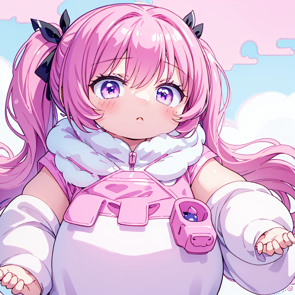 High resolution, extremely detailed, masterpiece, 1girl, long pink pigtails, pink eyes, round face, extremely adorable, premature body, small, short, very cute race, big eyes, ultra cute, simple , pudgy