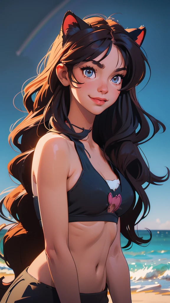 (high resolution, upper body, soft skin:1.2),(best illustration,masterpiece:1.2),ultra-detailed,[(cat ears , gray inside:1.2, brown cat eyes, rainbow long hair, large breast),vivid colors,sharp focus,portrait, beach lighting,bokeh, wearing a tan bikini, waterfront background, smiling,