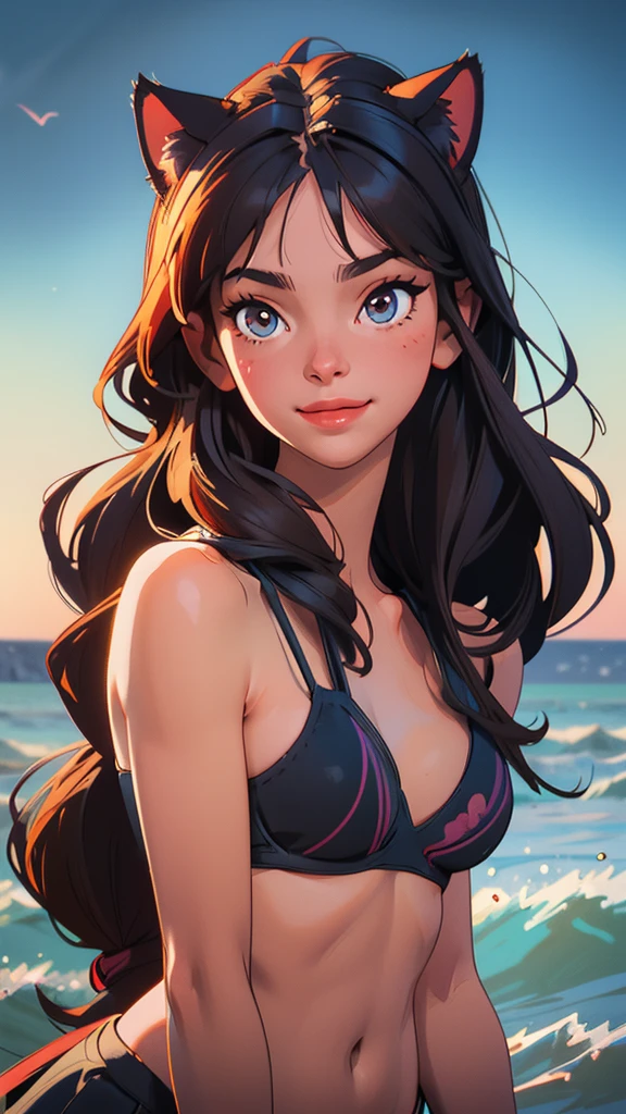 (high resolution, upper body, soft skin:1.2),(best illustration,masterpiece:1.2),ultra-detailed,[(cat ears , gray inside:1.2, brown cat eyes, rainbow long hair, large breast),vivid colors,sharp focus,portrait, beach lighting,bokeh, wearing a tan bikini, waterfront background, smiling, 