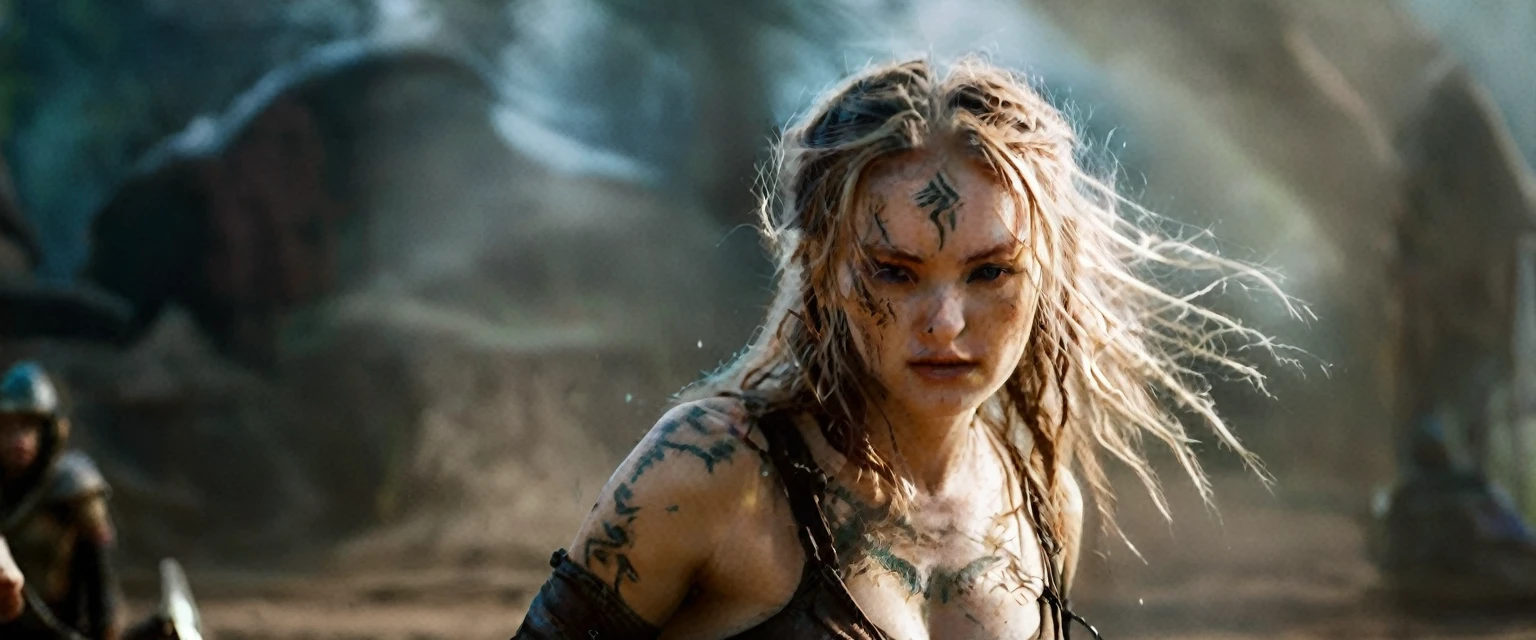 (best quality,highres,ultra-detailed), gritty and dusty image, model is intense, dust and darkness are in the air, close-up, 19 year old long haired ginger woman, hair is tightly braided and kept under a ceremonial warriors helmet, tattooed, detailed facial tattoos, shirtless, muscular, fully tattooed body, magical ritual, magical symbols, black magic, model is dusty, dark ambiance, intense lighting, mysterious atmosphere, low key image, model is almost angry, model looks to be drawing power and wants to hurt someone, tribal, powerful, supernatural, mystical, enchanted, griffin symbols, spiritual connection, ritualistic movements, mesmerizing, captivating, intense gaze, confident expression, dominant presence, dark color palette, contrast, dramatic shadows, intricate details, surreal, otherworldly, ethereal, magical energy, intense emotions, powerful aura, mystical transformation, evocative, haunting, immersive composition, arri alexa 65 anamorphic 2.4-1,