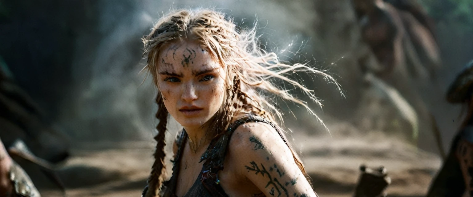 (best quality,highres,ultra-detailed), gritty and dusty image, model is intense, dust and darkness are in the air, close-up, 19 year old long haired ginger woman, hair is tightly braided and kept under a ceremonial warriors helmet, tattooed, detailed facial tattoos, shirtless, muscular, fully tattooed body, magical ritual, magical symbols, black magic, model is dusty, dark ambiance, intense lighting, mysterious atmosphere, low key image, model is almost angry, model looks to be drawing power and wants to hurt someone, tribal, powerful, supernatural, mystical, enchanted, griffin symbols, spiritual connection, ritualistic movements, mesmerizing, captivating, intense gaze, confident expression, dominant presence, dark color palette, contrast, dramatic shadows, intricate details, surreal, otherworldly, ethereal, magical energy, intense emotions, powerful aura, mystical transformation, evocative, haunting, immersive composition, arri alexa 65 anamorphic 2.4-1,