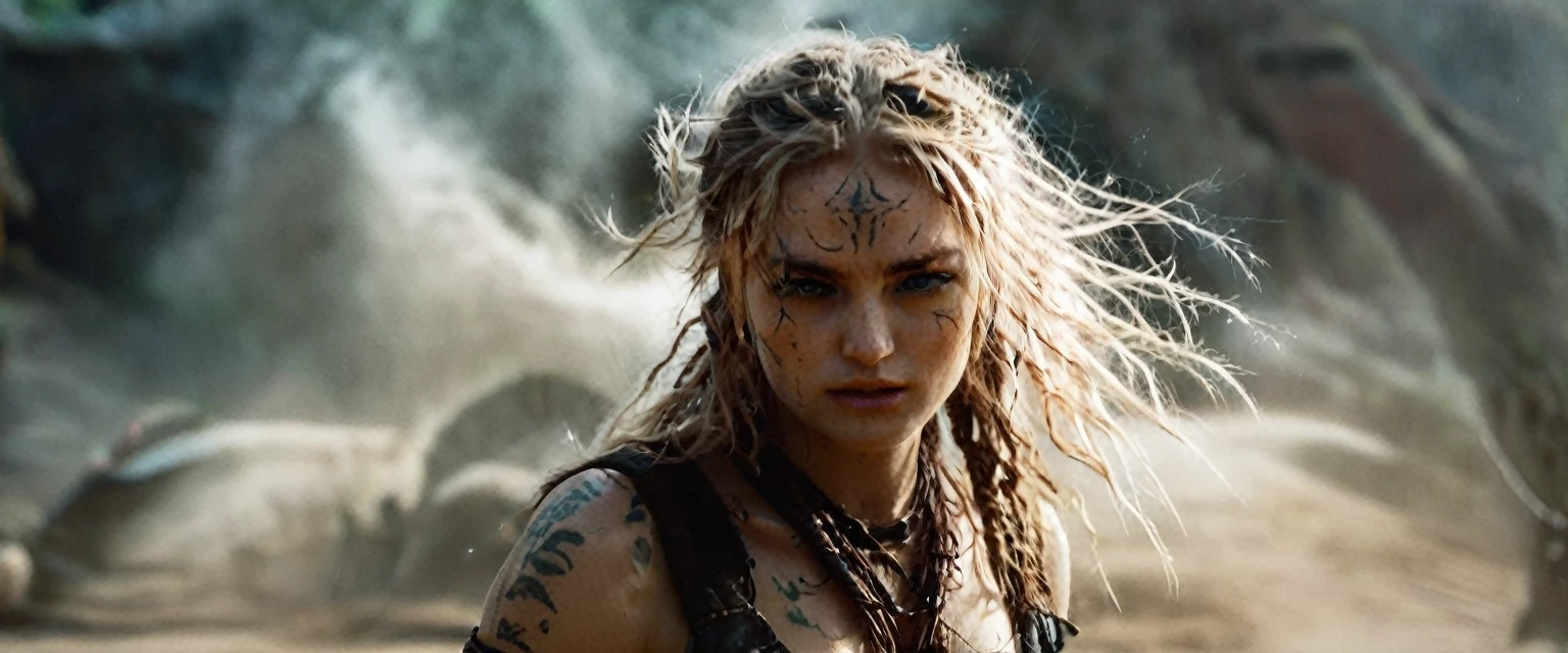 (best quality,highres,ultra-detailed), gritty and dusty image, model is intense, dust and darkness are in the air, close-up, 19 year old long haired ginger woman, hair is tightly braided and kept under a ceremonial warriors helmet, tattooed, detailed facial tattoos, shirtless, muscular, fully tattooed body, magical ritual, magical symbols, black magic, model is dusty, dark ambiance, intense lighting, mysterious atmosphere, low key image, model is almost angry, model looks to be drawing power and wants to hurt someone, tribal, powerful, supernatural, mystical, enchanted, griffin symbols, spiritual connection, ritualistic movements, mesmerizing, captivating, intense gaze, confident expression, dominant presence, dark color palette, contrast, dramatic shadows, intricate details, surreal, otherworldly, ethereal, magical energy, intense emotions, powerful aura, mystical transformation, evocative, haunting, immersive composition, arri alexa 65 anamorphic 2.4-1, 