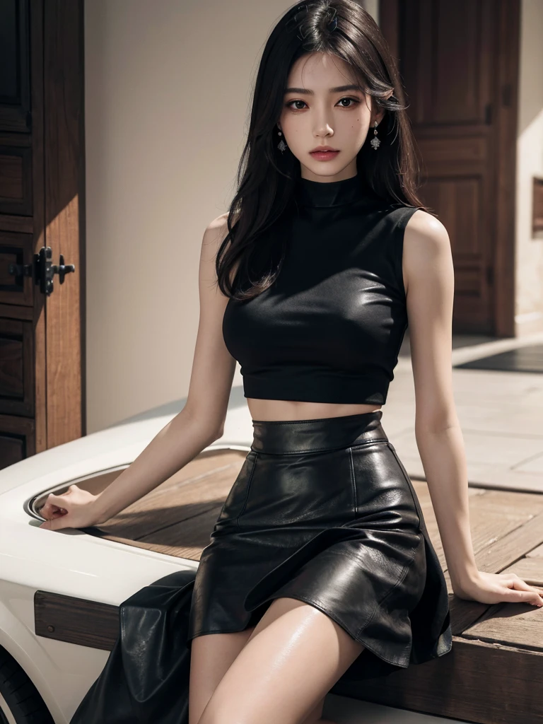 absurdres, RAW photo, extremely delicate and beautiful, masterpiece, Best Quality, ultra high resolution, 32k, hyperrealistic, ultra-detailed, delicate facial features, beautiful detailed woman, tearful mole, earring, medium breasts, full body shot, medium hair, black hair, solo, alone, t-shirt, (leather skirt), sleeveless, boots,