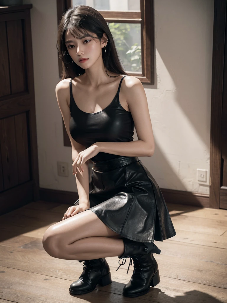 absurdres, RAW photo, extremely delicate and beautiful, masterpiece, Best Quality, ultra high resolution, 32k, hyperrealistic, ultra-detailed, delicate facial features, beautiful detailed woman, tearful mole, earring, medium breasts, full body shot, medium hair, black hair, solo, alone, t-shirt, (leather skirt), sleeveless, boots,