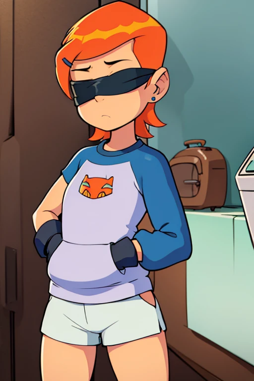 girl in booty shorts, wearing oven mittens tucked in pockets, blindfold