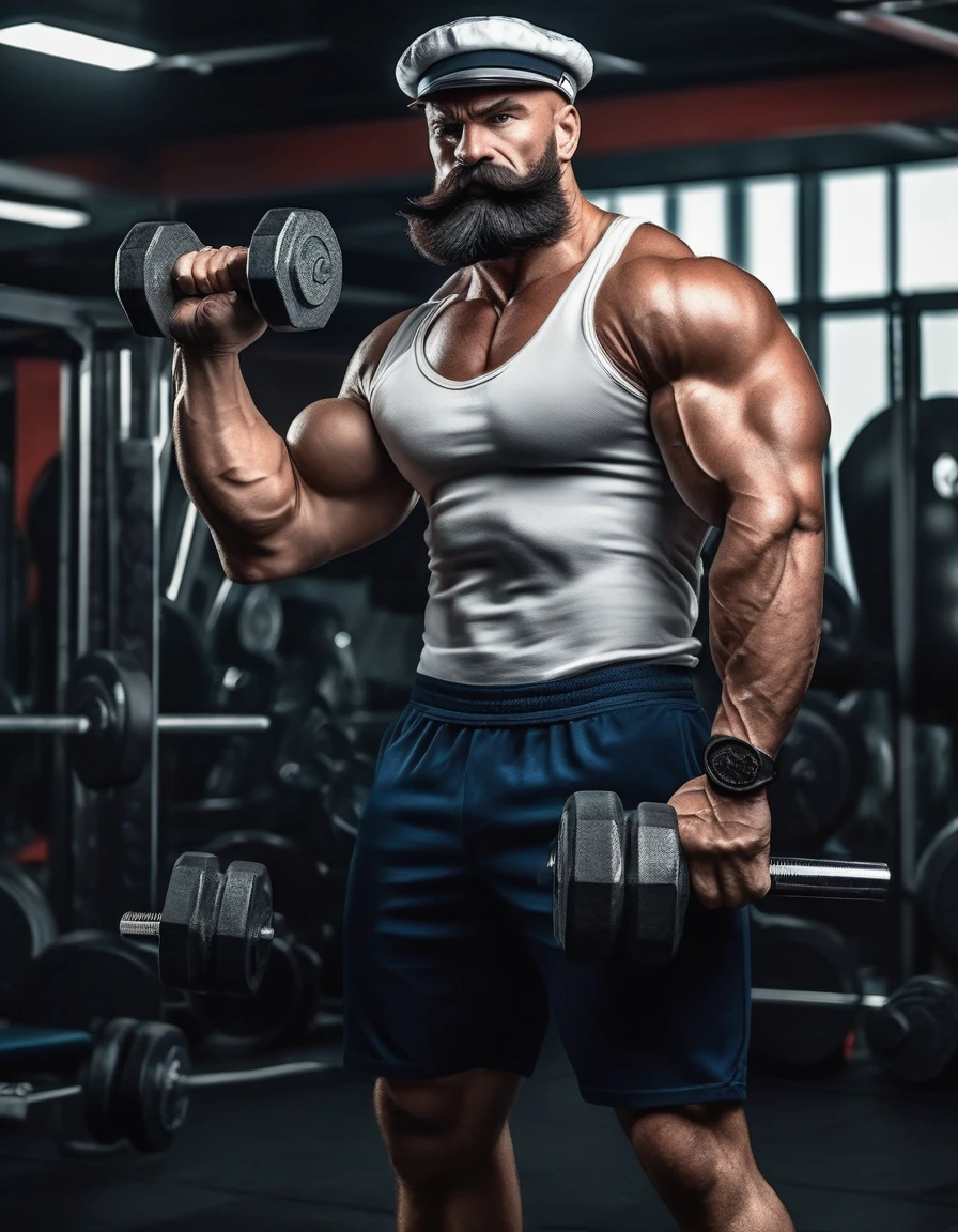 cinematic photo Sailor Popeye faithful to the work, lifting a big dumbbell as a bodybuilding athlete, highlighting your chin and forearm, your muscles well defined, Symmetrical, not exaggerated, harmonic, classic sailor look with pipe, black beard. with a powerful expression, Determined, force. The background of the image with elements of the work such as spinach, pipe and a gym, like weights, dumbbells, training equipment. With an intense atmosphere. Essence "badass" clenched fists, left eye is white . highy detailed, film, bokeh, proffesional, highy detailed