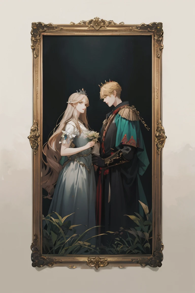 Ninja couple, king and queen, gothic crown and tiaras, side by side, Grey and black, dark romance, raw concept art, masterpiece illustration, In the painting ‘Hylas and the Nymphs’, the man is Hylas and the woman is the nymphs., Women are taller than men, Women have a larger physique than men