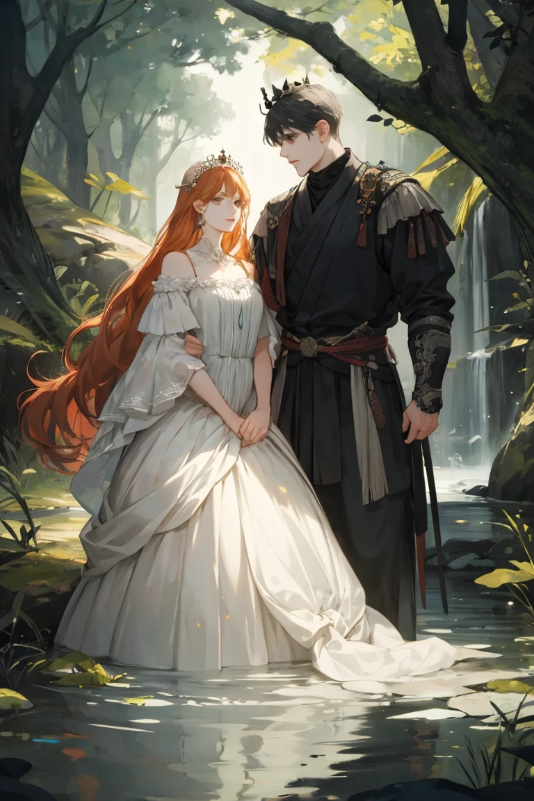 Ninja couple, king and queen, gothic crown and tiaras, side by side, Grey and black, dark romance, raw concept art, masterpiece illustration, In the painting ‘Hylas and the Nymphs’, the man is Hylas and the woman is the nymphs., Women are taller than men, Women have a larger physique than men
