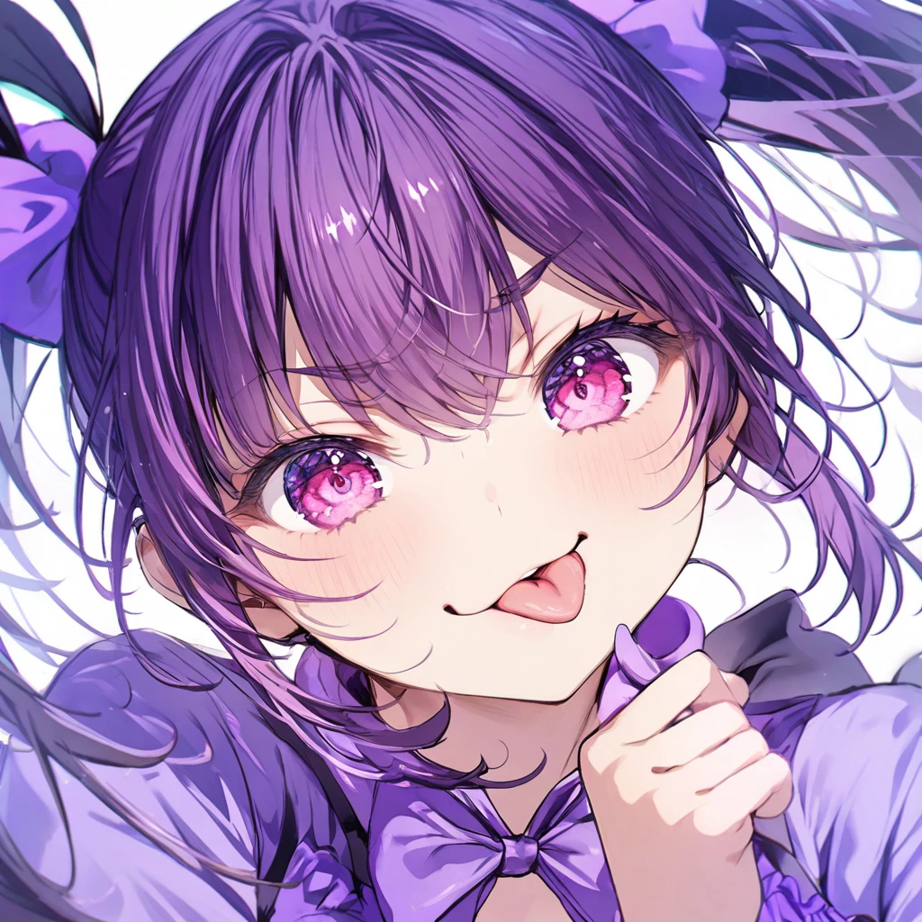 Girl purple short pigtails purple dress pink eyes tongue out sneer