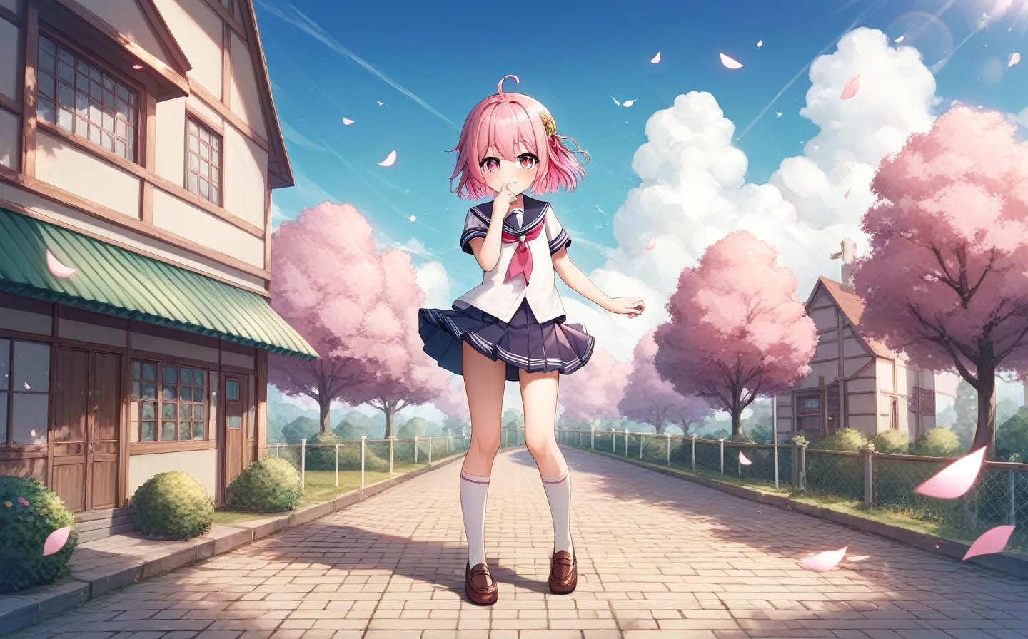 nahida, masterpiece, best quality, masterpiece,best quality,official art,extremely detailed CG unity 8k wallpaper, sky, game_cg, , loliort hair, pink hair, gradient hair, ahoge, light blush, gradient_eyes, pink eyes, seifuku, kneehighs, uwabaki, hand_to_mouth