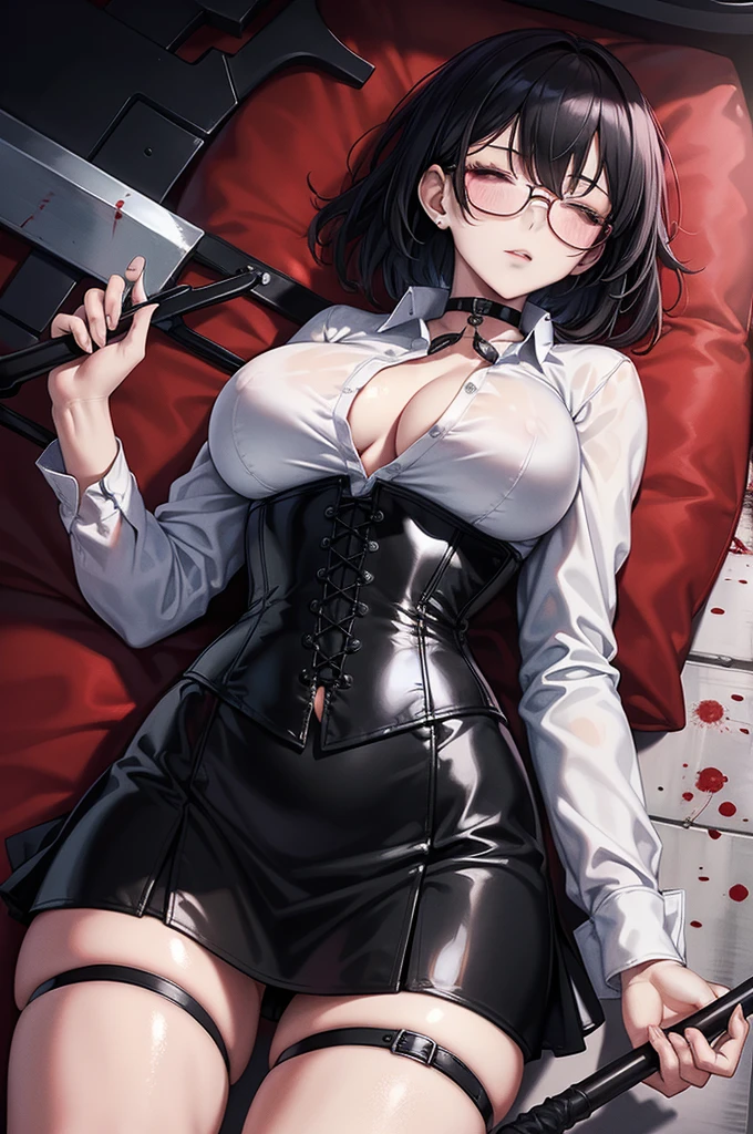 ((blood droplets)), ((blood)), ((blood splatter)), ((blood on clothes)), ((blood stain)), Masterpiece, Beautiful art, professional artist, 8k, art style by sciamano240, Very detailed face, Detailed clothing, detailed fabric, 1 girl, view from above, lying in the fetal position on the floor, perfectly drawn body, legs open, (very big breasts), dead expression, lifeless, pale skin, beautiful face, short black hair, Closed eyes, pink cheeks, glasses, choker:1.6, (white collar button down long sleeve shirt), black gloves, gloves that cover hands, (holding an ax in his right hand), (black leather corset), (shiny black tight mini skirt), Sensual Lips , evening de invierno, Dark road, dark forest, evening, Atmosphere, fog